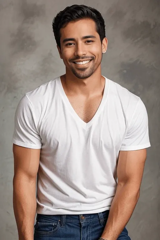 Illustrative smiling male AI companion in a white tee